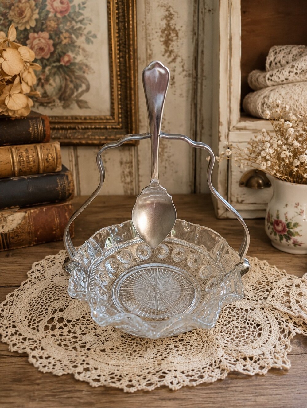 Vintage Clear Pressed Glass Jam & Jelly Caddy Set with Metal Handle & Spoon